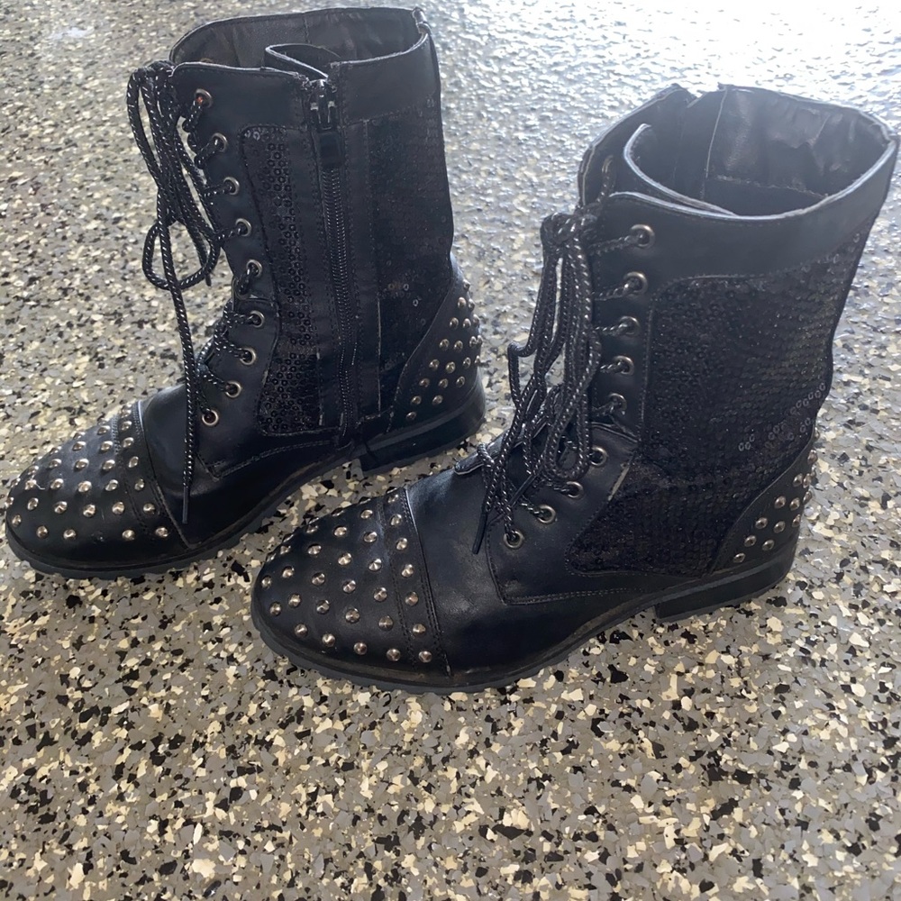 Black sparkly combat boots
